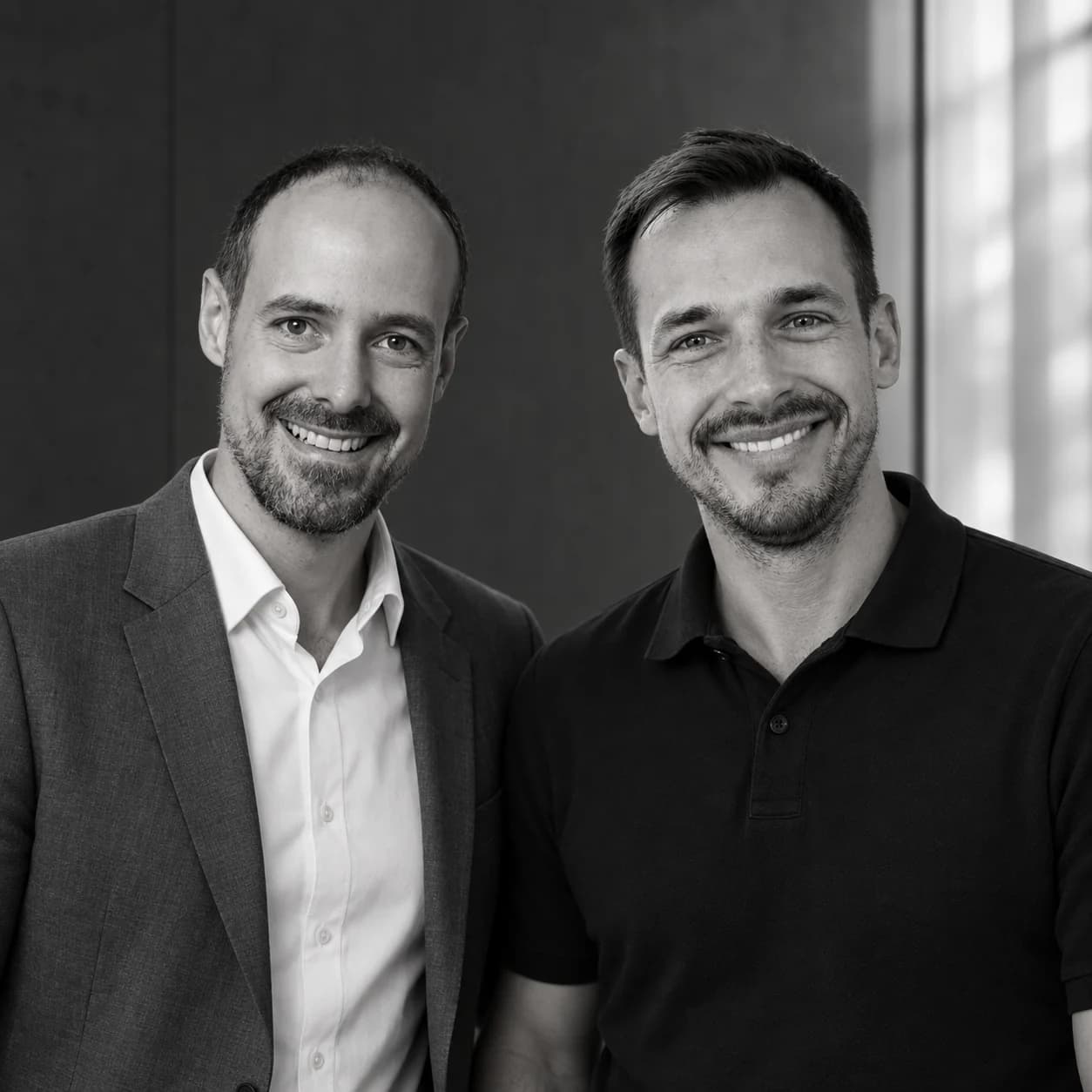 Fotografisch inszeniertes Schwarzweiß-Porträt von Thomas Pichler und Robin Huse.